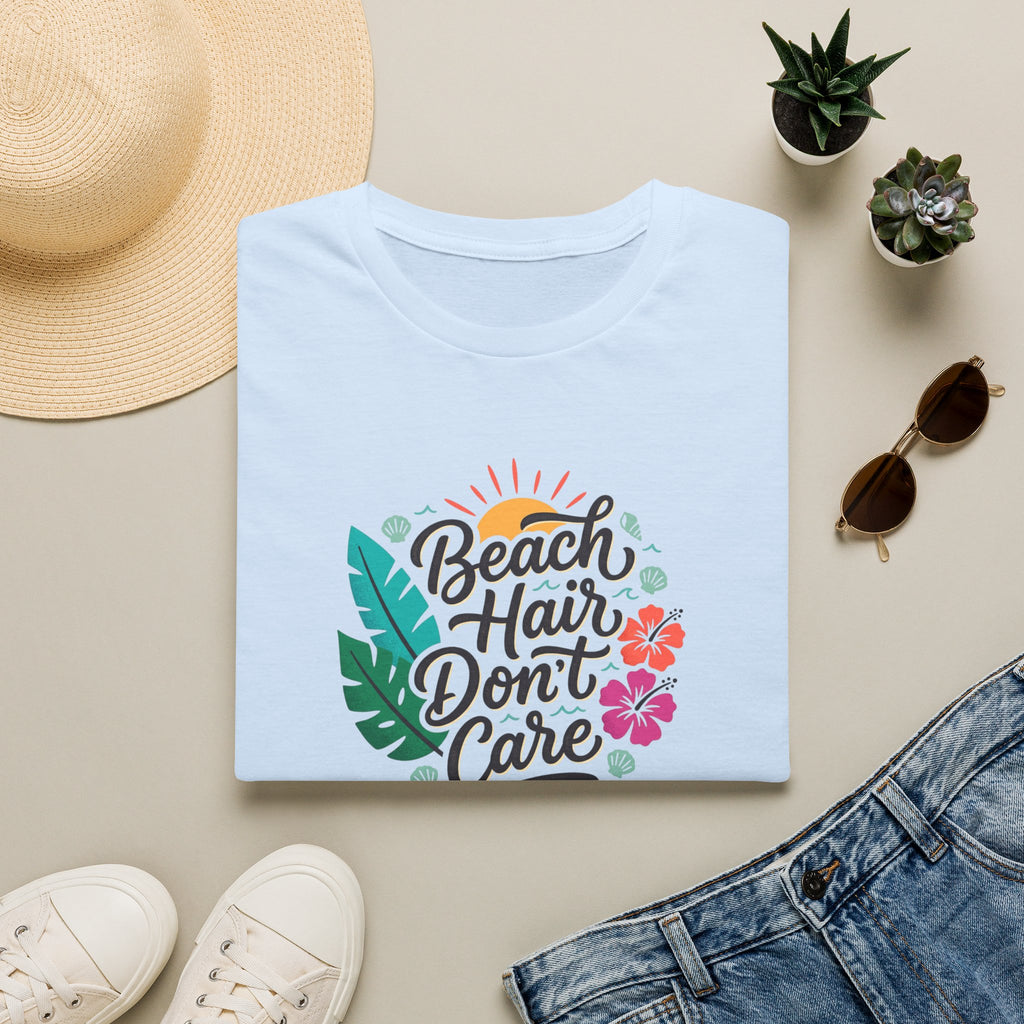Beach Hair Don't Care T-Shirt | Tropical Hibiscus Sun Design