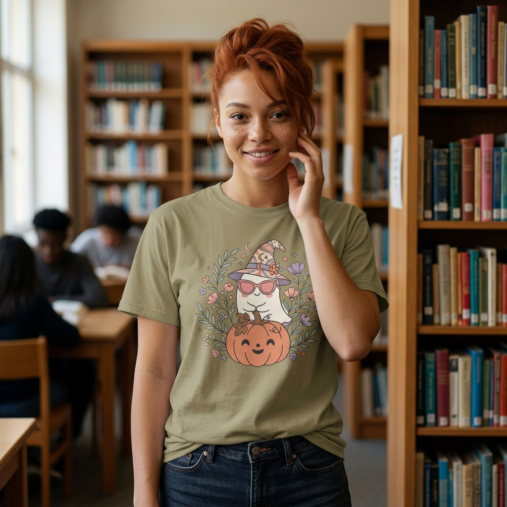 Cute Witch Cat with Pumpkin T-Shirt | Halloween Cat Graphic Tee