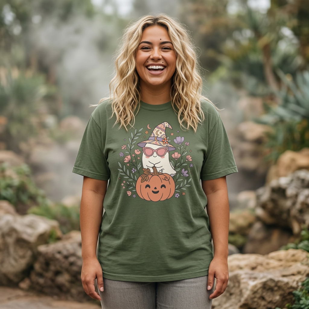 Cute Witch Cat with Pumpkin T-Shirt | Halloween Cat Graphic Tee