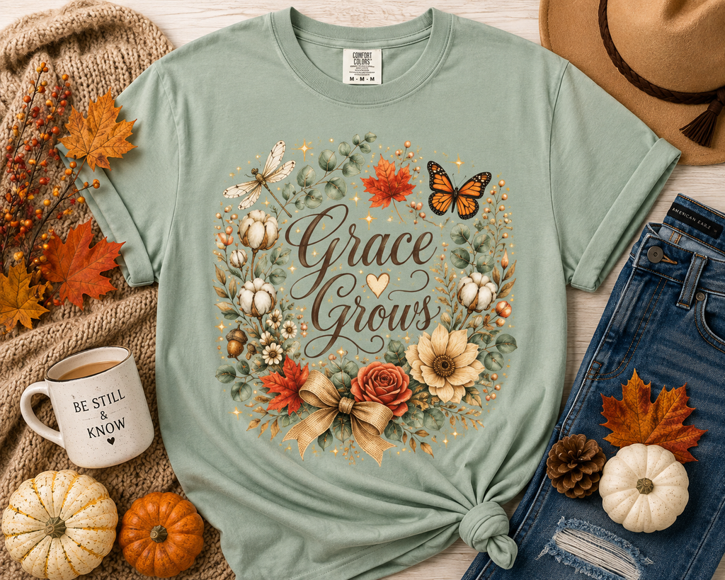 Grace Grows Shirt, Comfort Colors Fall Floral Tee, Inspirational Autumn Shirt