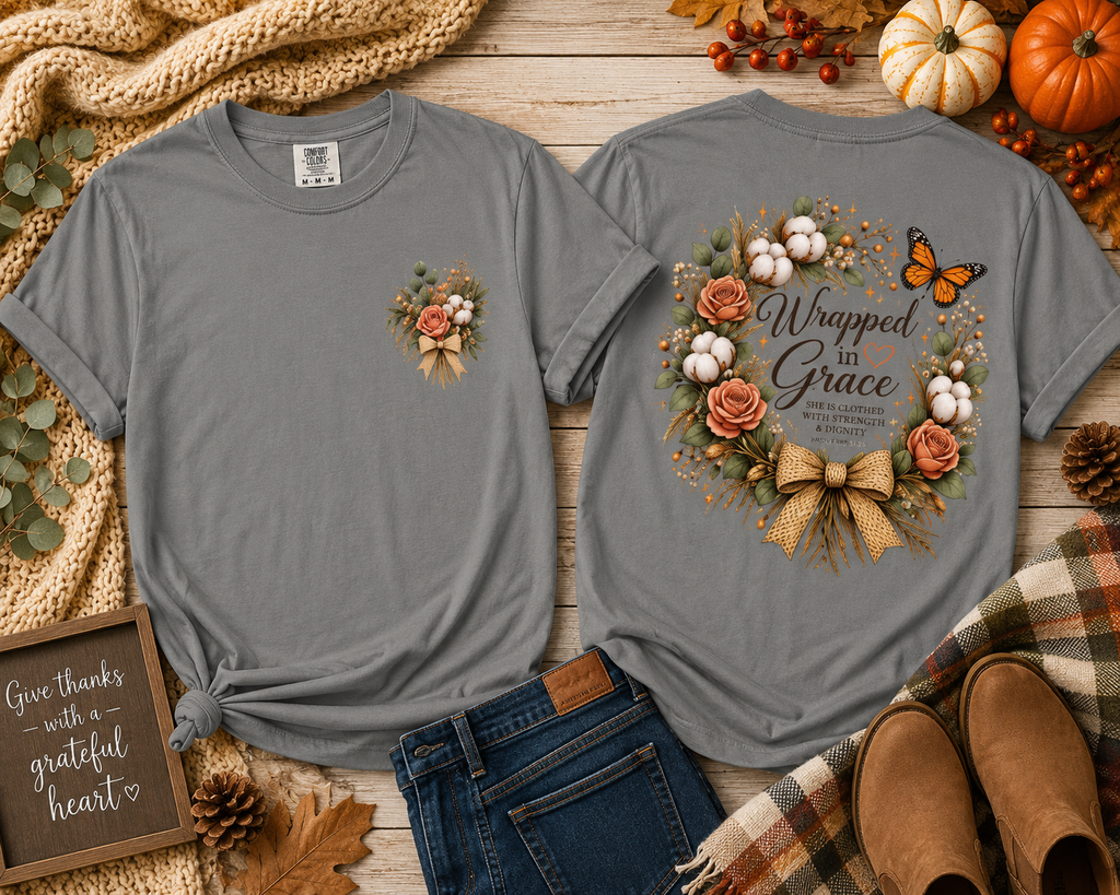 Wrapped in Grace floral wreath T-shirt | butterfly cotton bouquet