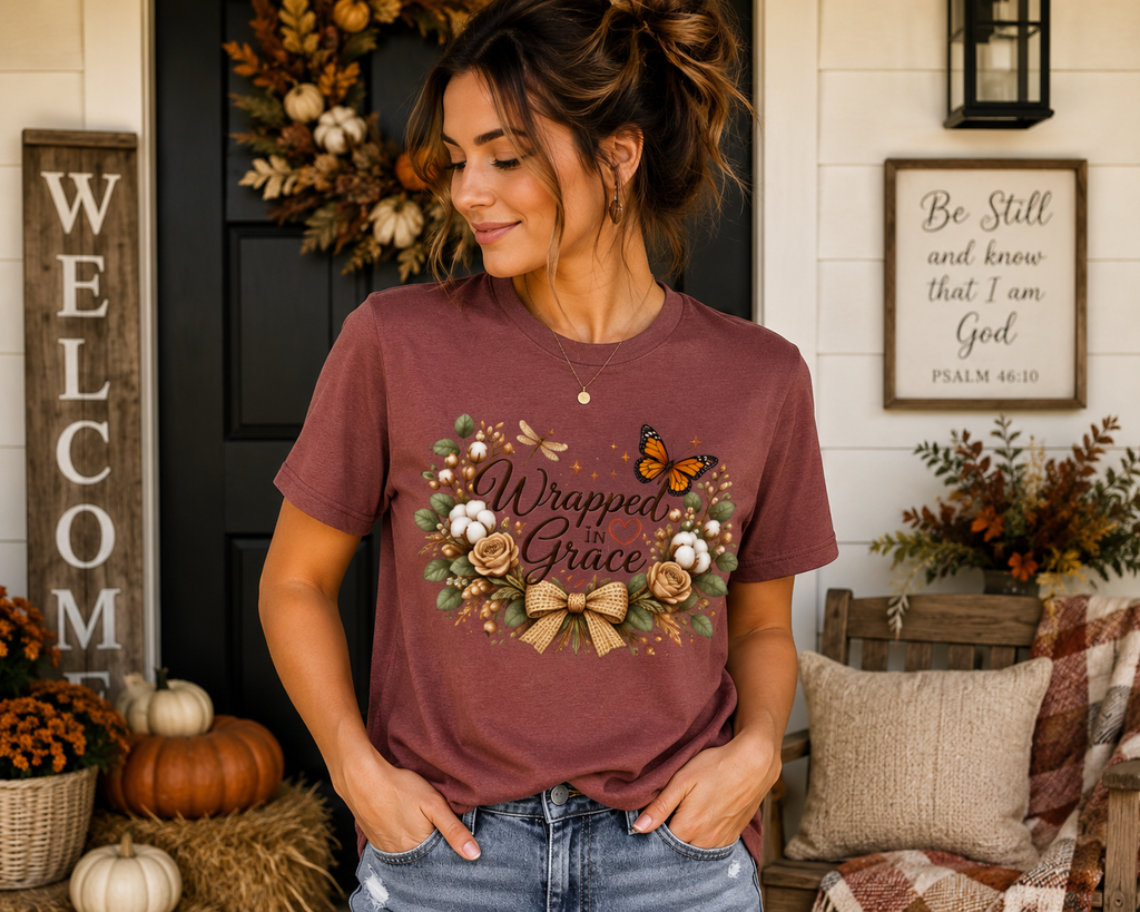 Wrapped in Grace Shirt, Comfort Colors Fall Floral Tee, Inspirational Autumn Shirt