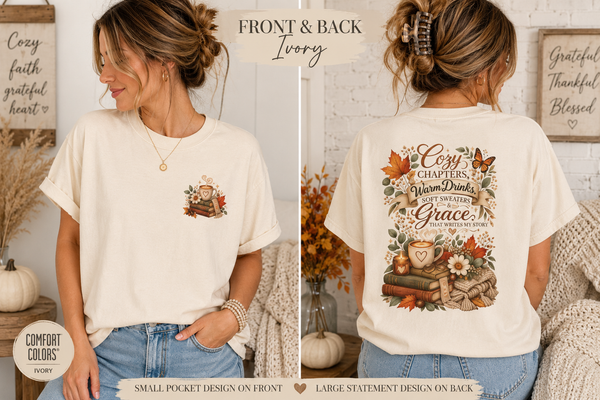 Cozy Chapters, Warm Drinks & Grace Comfort Colors® Back Print Tee