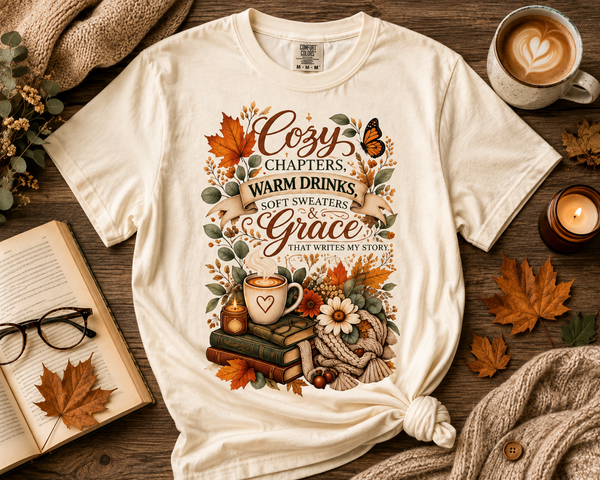 Cozy Chapters, Warm Drinks & Grace Comfort Colors® Fall Tee