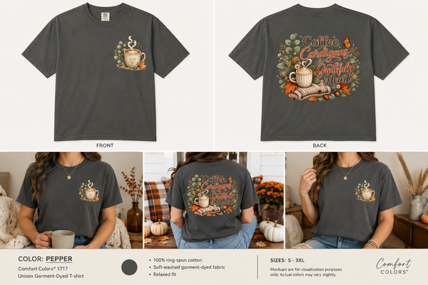 Coffee, Cardigans & A Grateful Heart Comfort Colors® Back Print Fall Tee