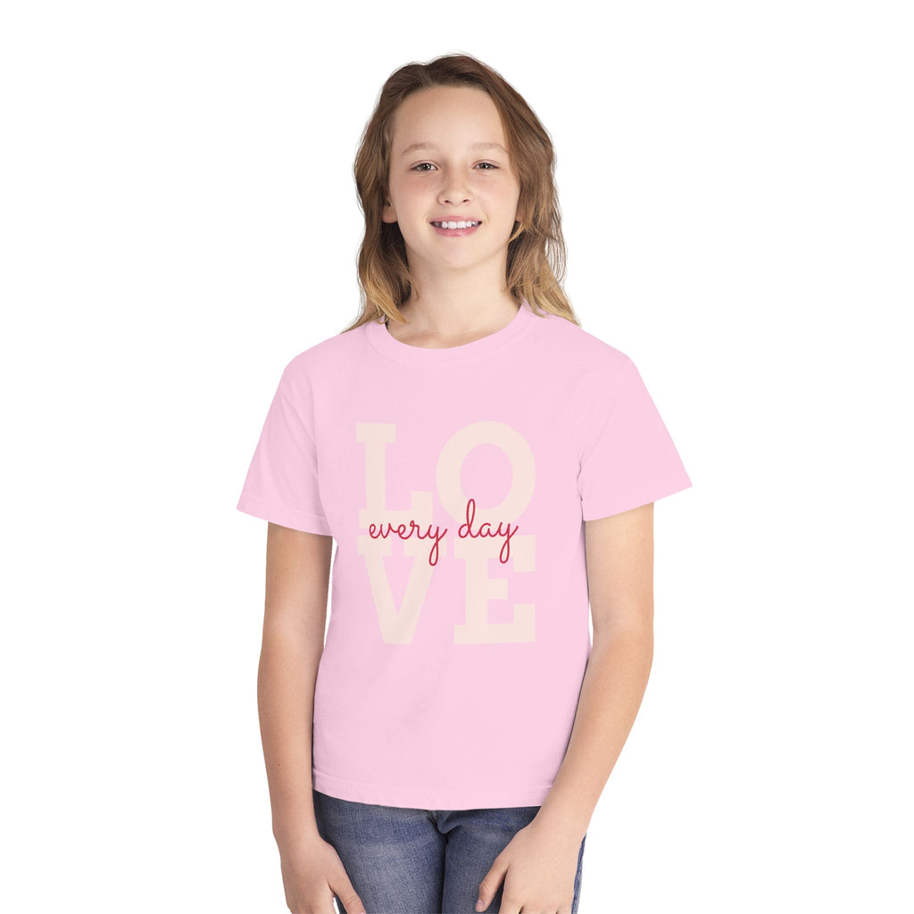 LOVE block letters with script overlay Youth Tee | pink text on charcoal