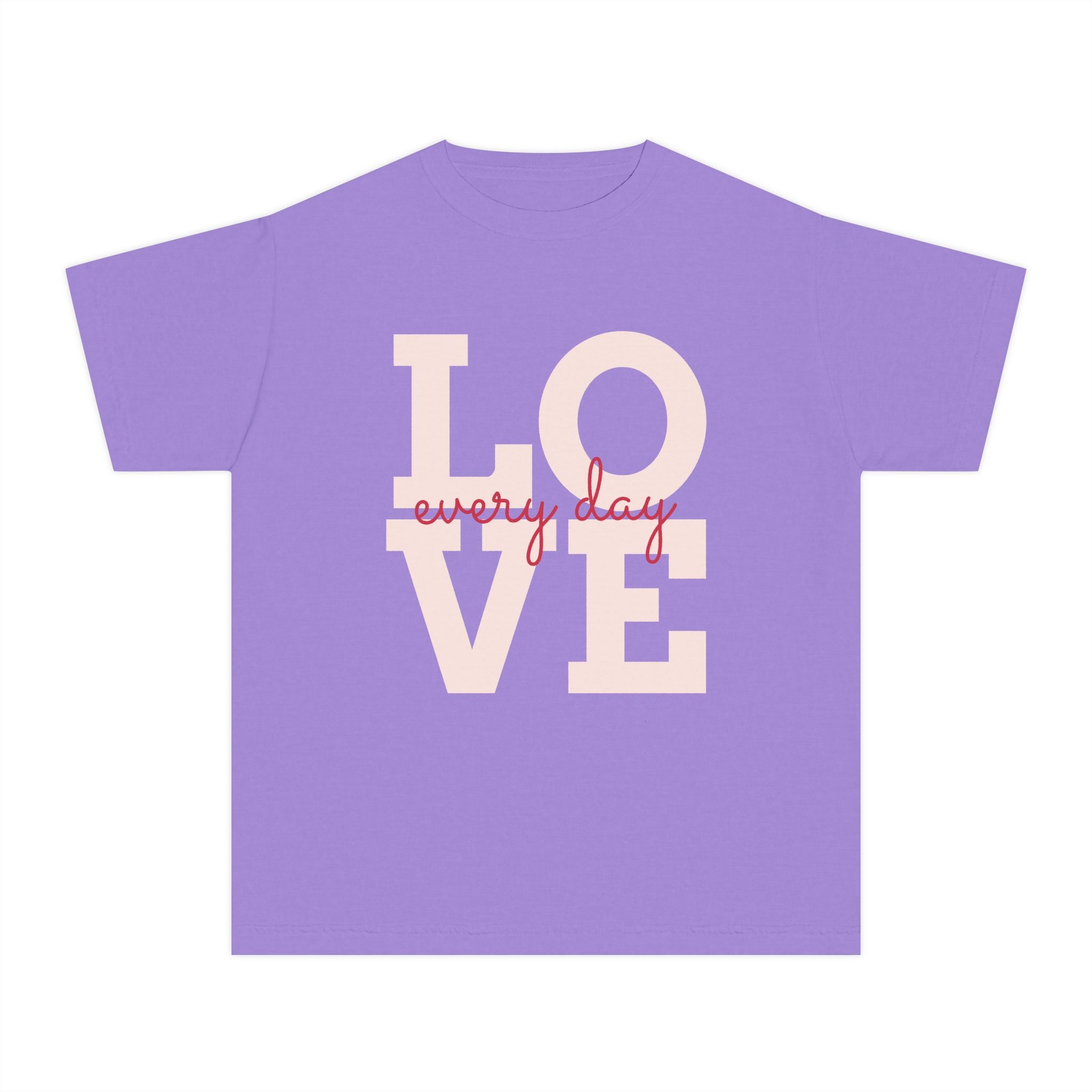 LOVE block letters with script overlay Youth Tee | pink text on charcoal