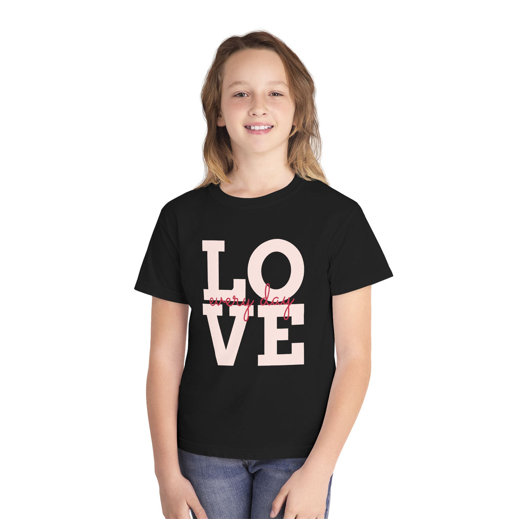 LOVE block letters with script overlay Youth Tee | pink text on charcoal