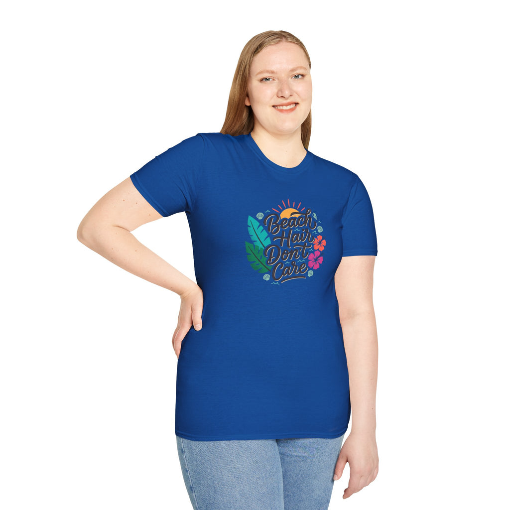 Beach Hair Don't Care T-Shirt | Tropical Hibiscus Sun Design