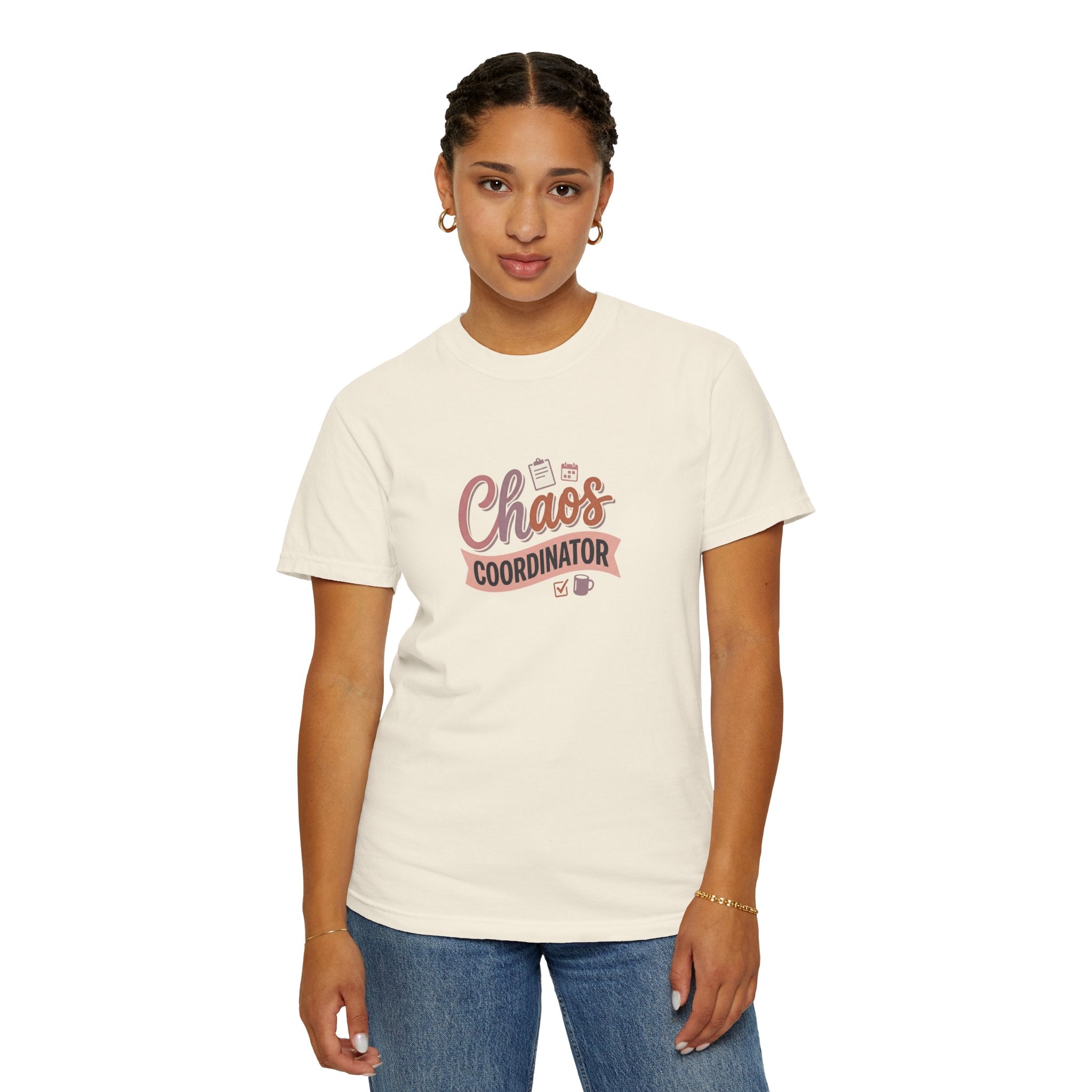 Chaos Coordinator T-shirt | Script lettering, coffee icons, playful design