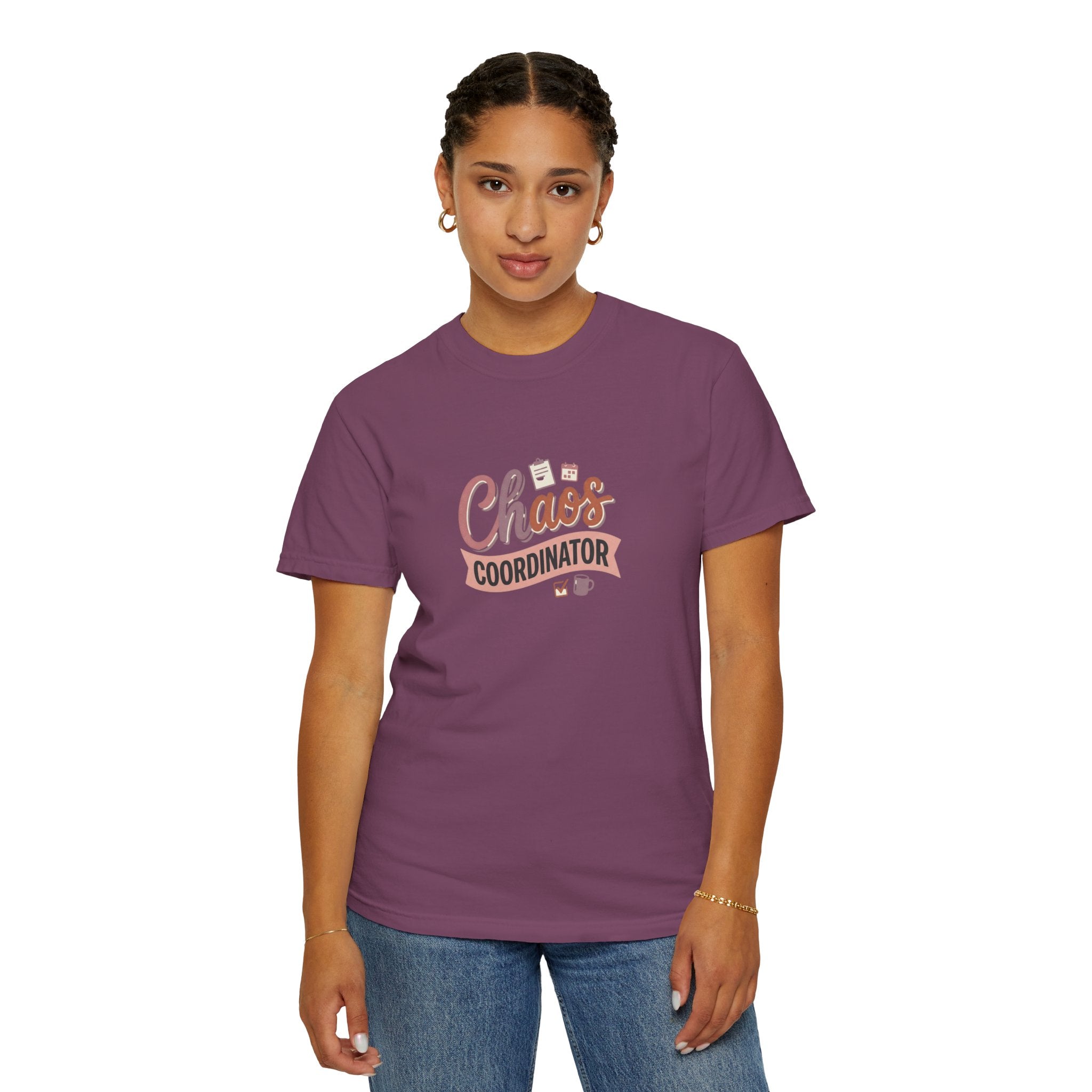 Chaos Coordinator T-shirt | Script lettering, coffee icons, playful design