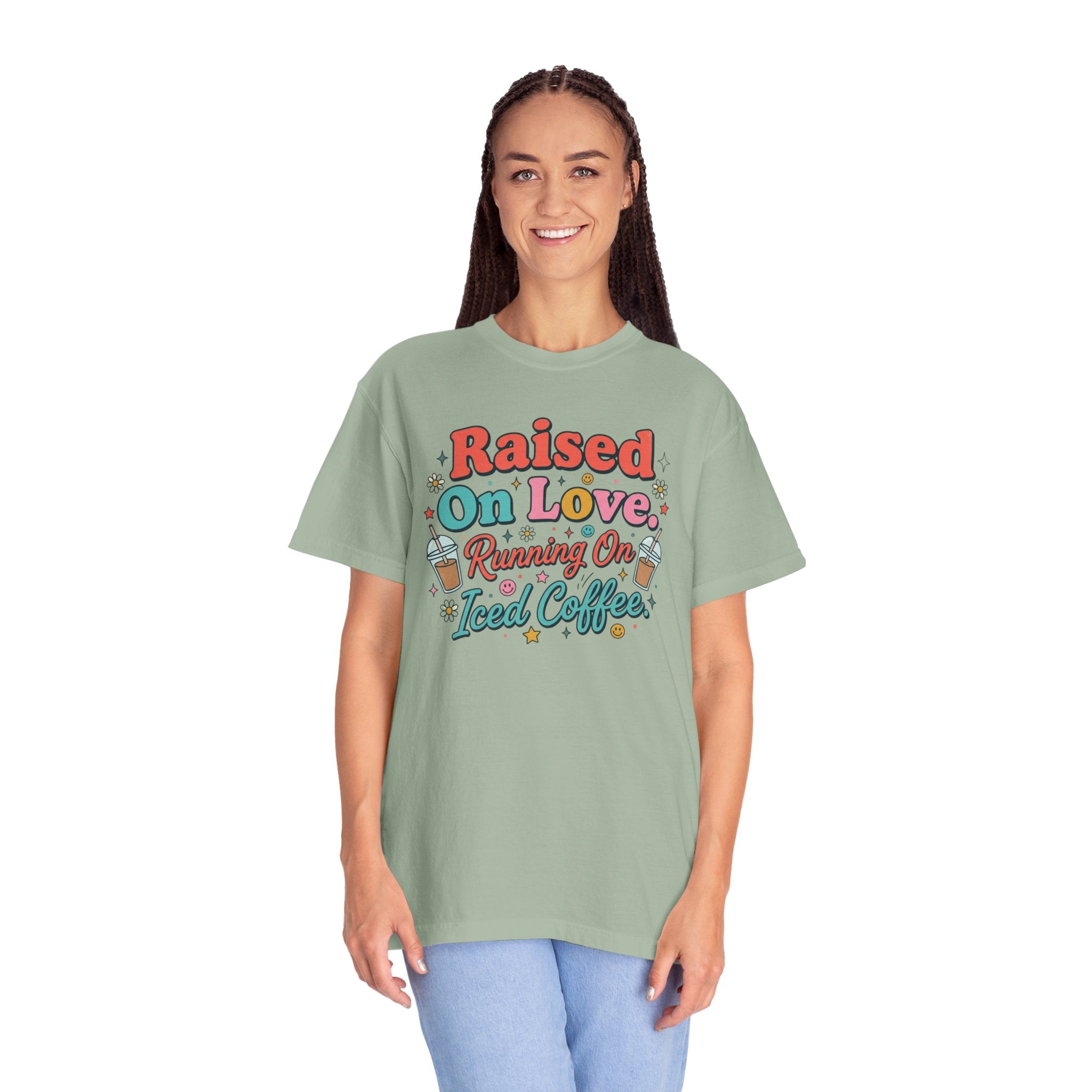 Raised On Love Running On Iced Coffee T-shirt | Retro Coffee Quote