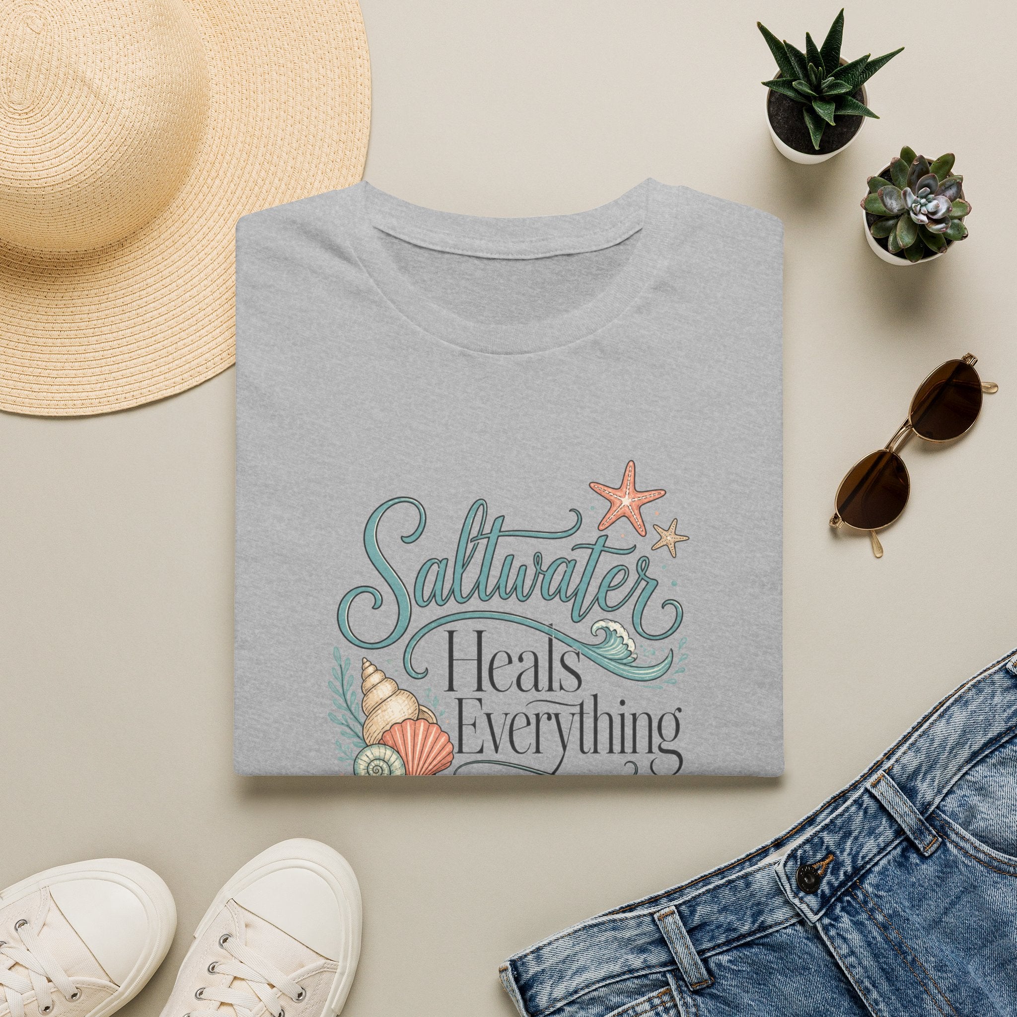 Saltwater Heals Everything T-Shirt | Beach Seashell Starfish Design