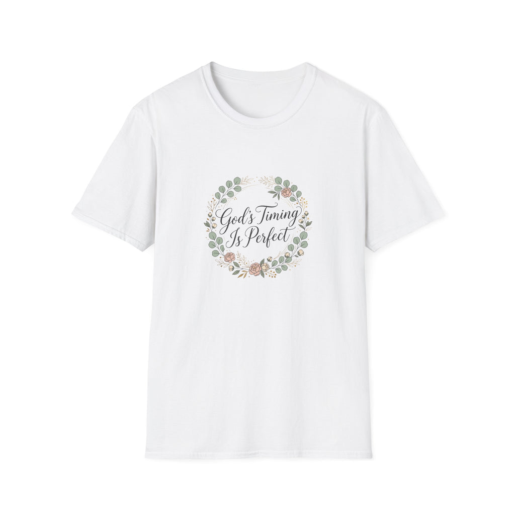 God's Timing Is Perfect T-Shirt | Floral Wreath Christian Faith Tee
