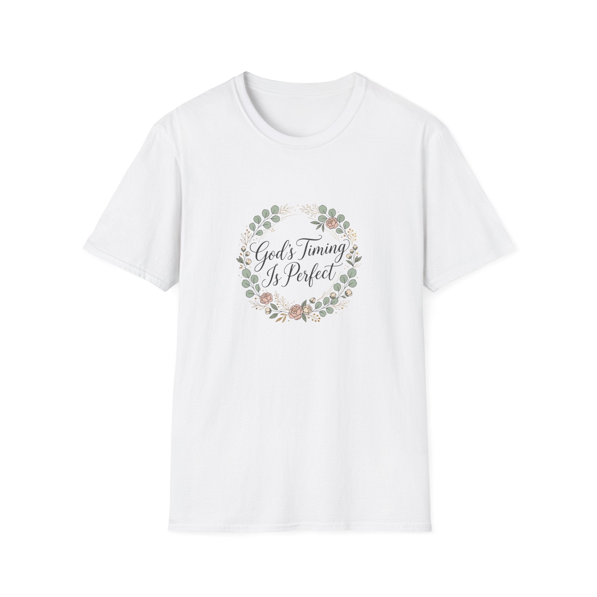 God's Timing Is Perfect T-Shirt | Floral Wreath Christian Faith Tee