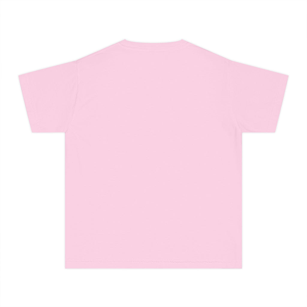 LOVE block letters with script overlay Youth Tee | pink text on charcoal