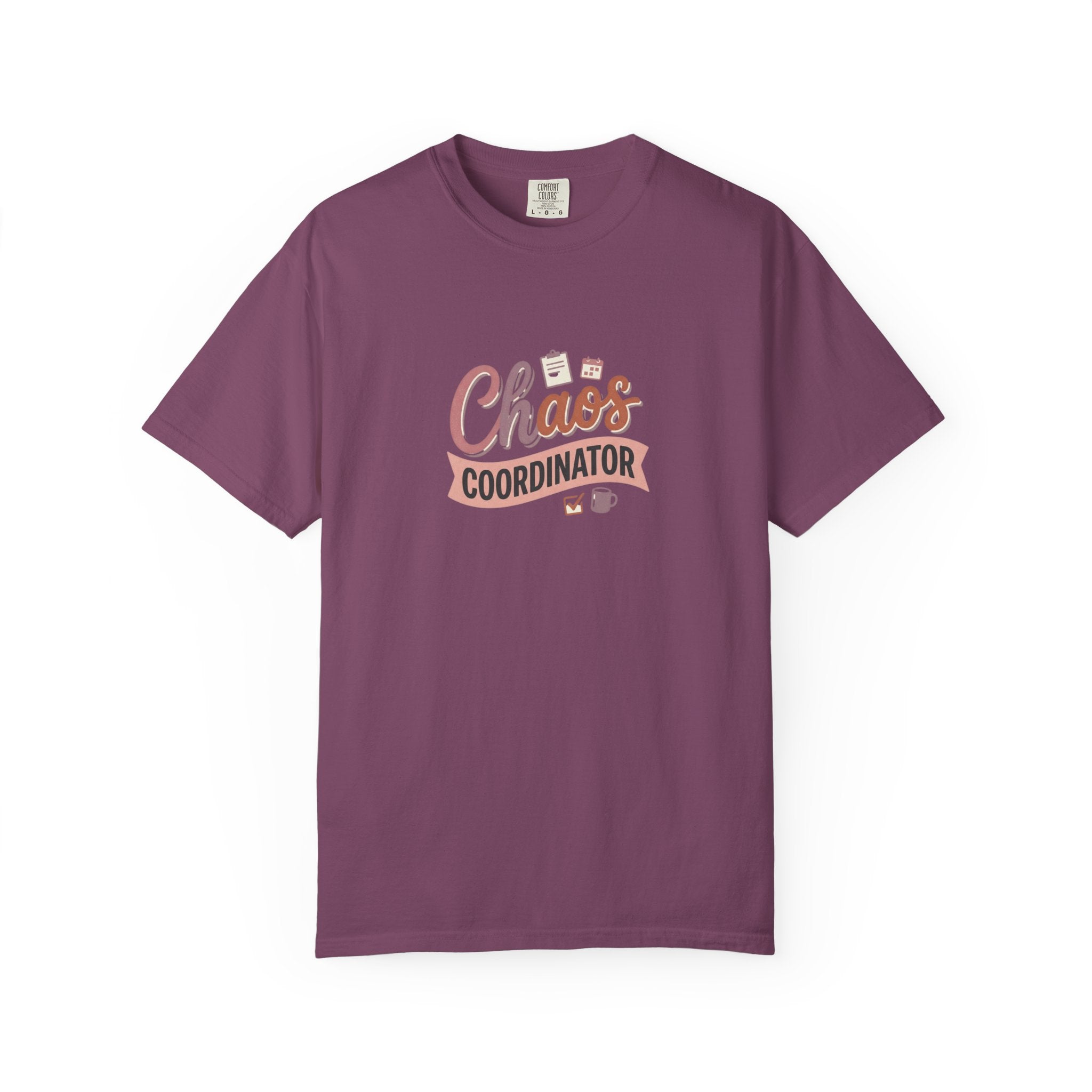 Chaos Coordinator T-shirt | Script lettering, coffee icons, playful design
