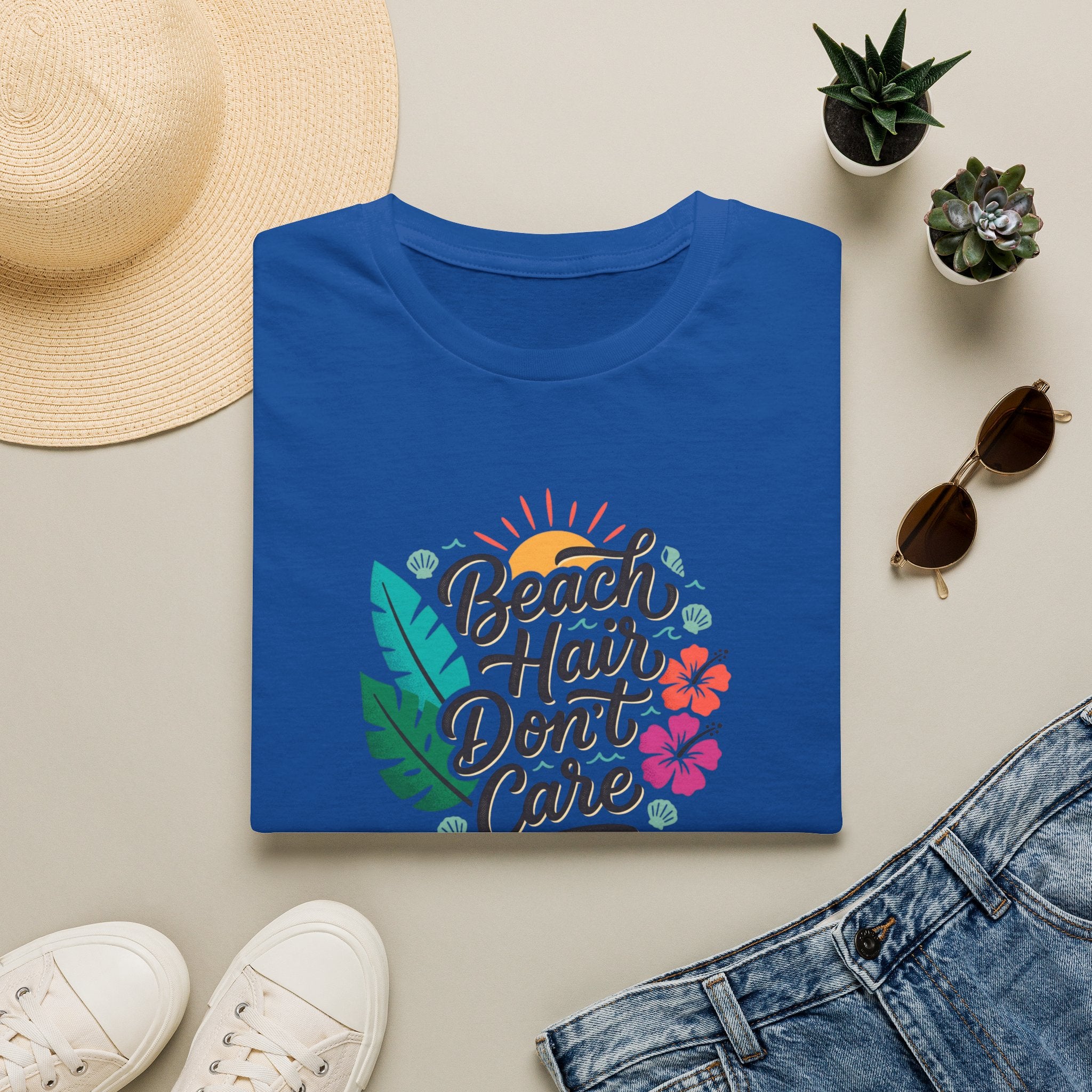 Beach Hair Don't Care T-Shirt | Tropical Hibiscus Sun Design