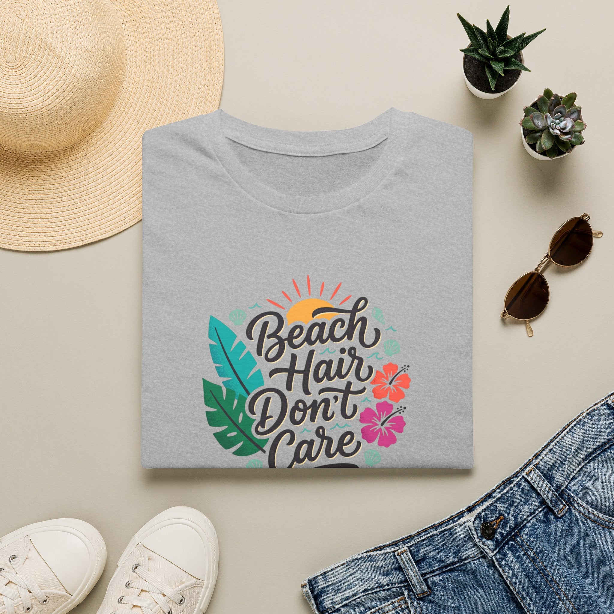 Beach Hair Don't Care T-Shirt | Tropical Hibiscus Sun Design