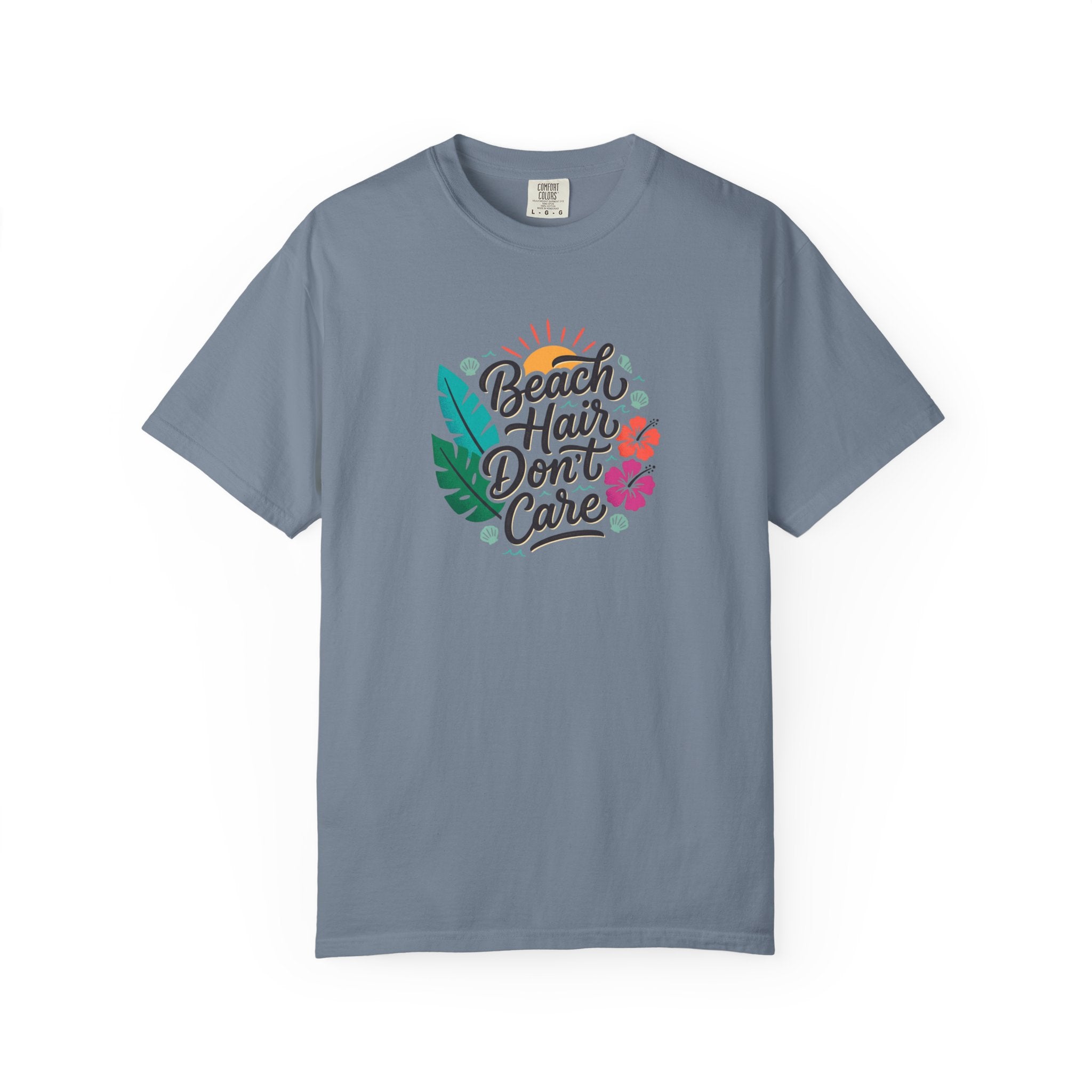 Beach Hair Dont Care TShirt | Tropical Sun, Hibiscus & Palm Leaves