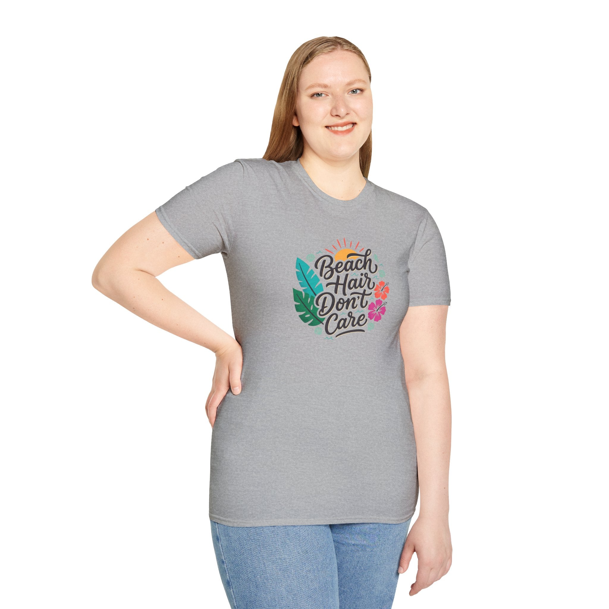 Beach Hair Don't Care T-Shirt | Tropical Hibiscus Sun Design