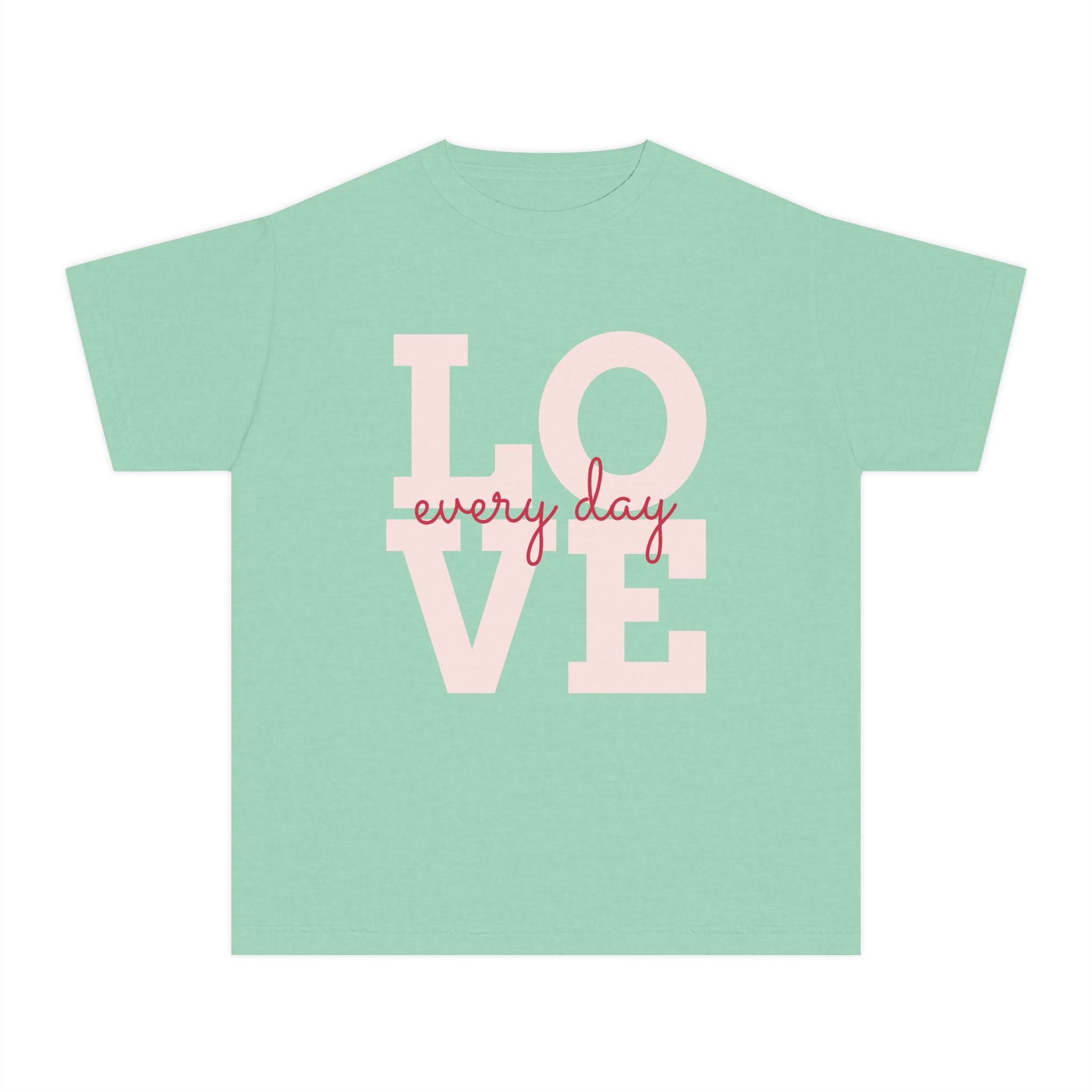 LOVE block letters with script overlay Youth Tee | pink text on charcoal