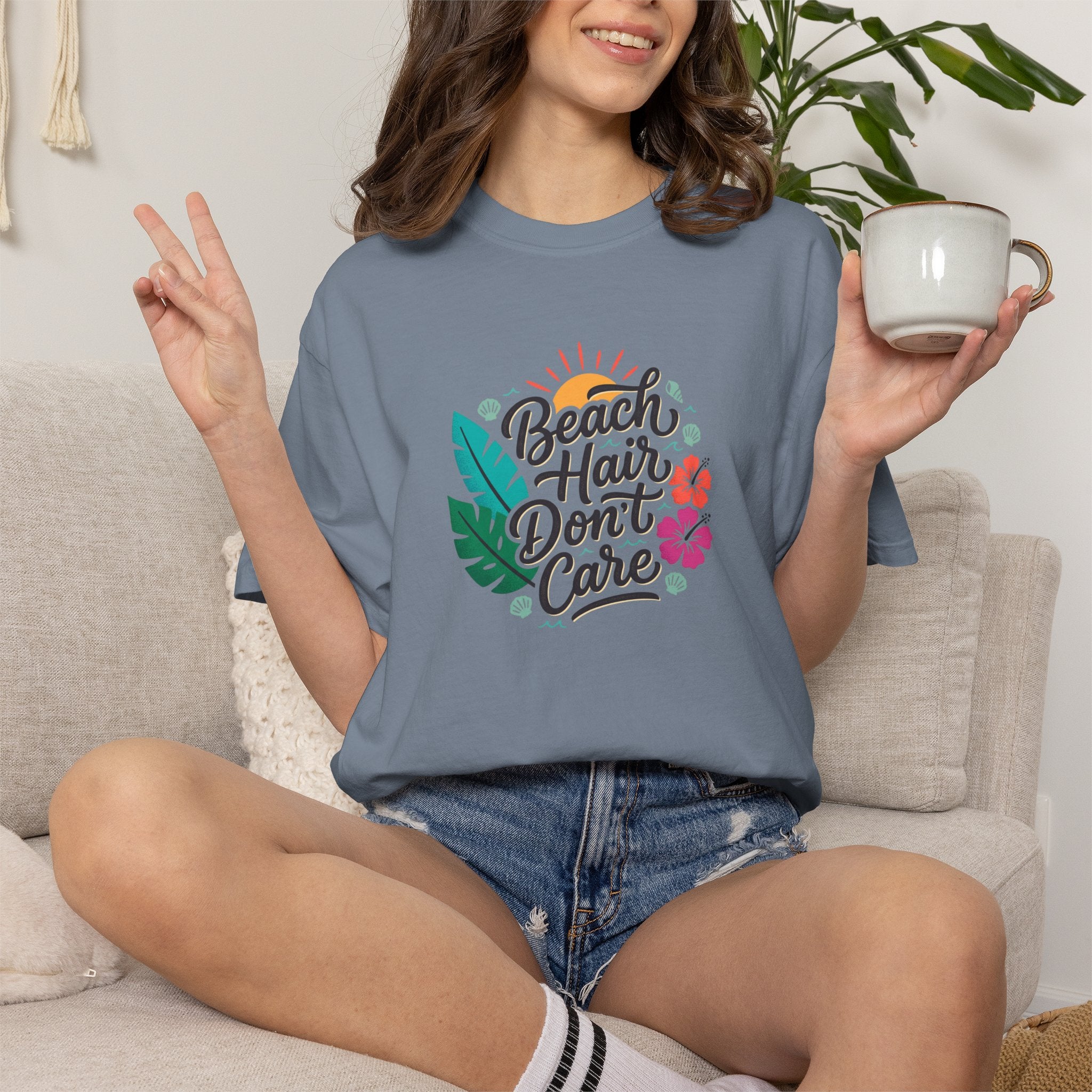 Beach Hair Dont Care TShirt | Tropical Sun, Hibiscus & Palm Leaves