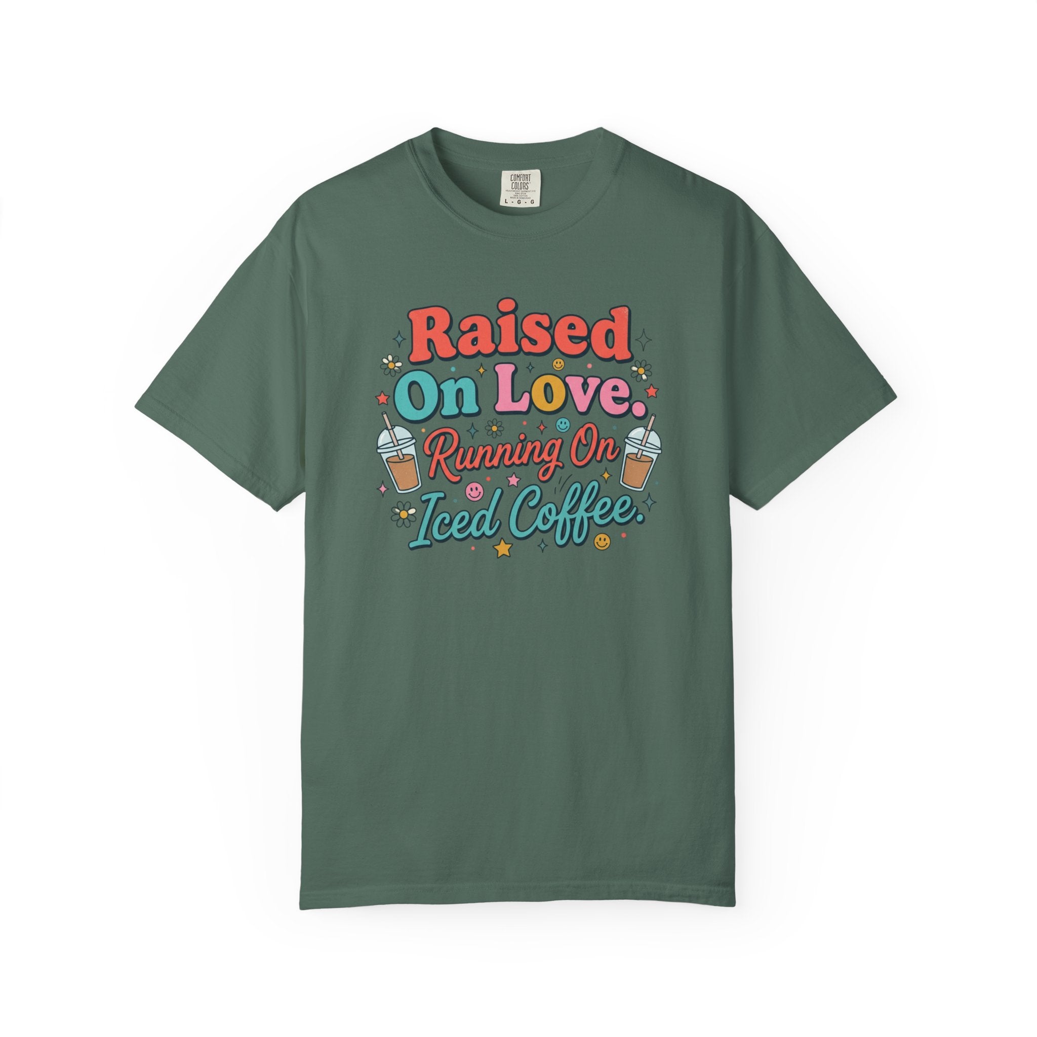 Raised On Love Running On Iced Coffee T-shirt | Retro Coffee Quote