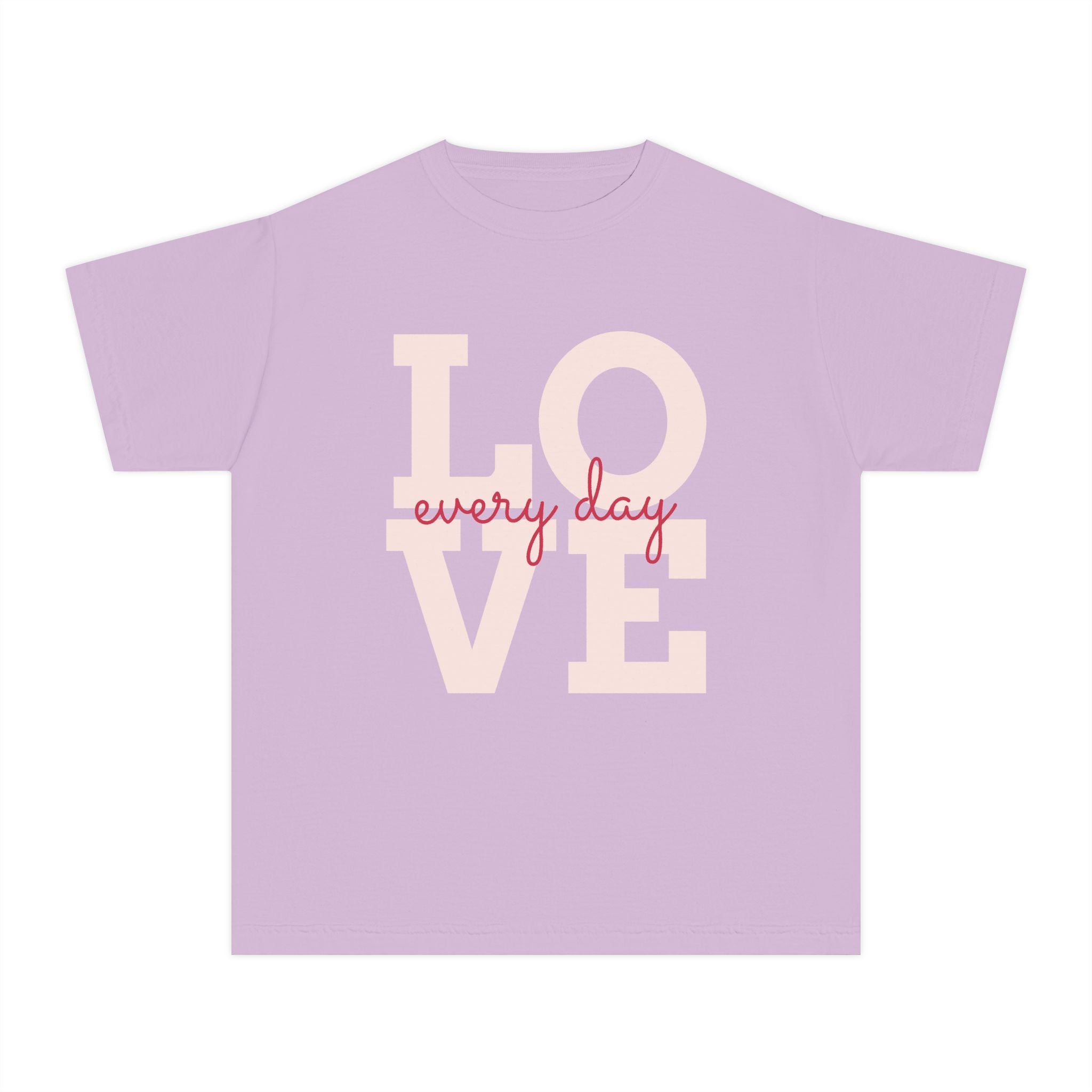 LOVE block letters with script overlay Youth Tee | pink text on charcoal