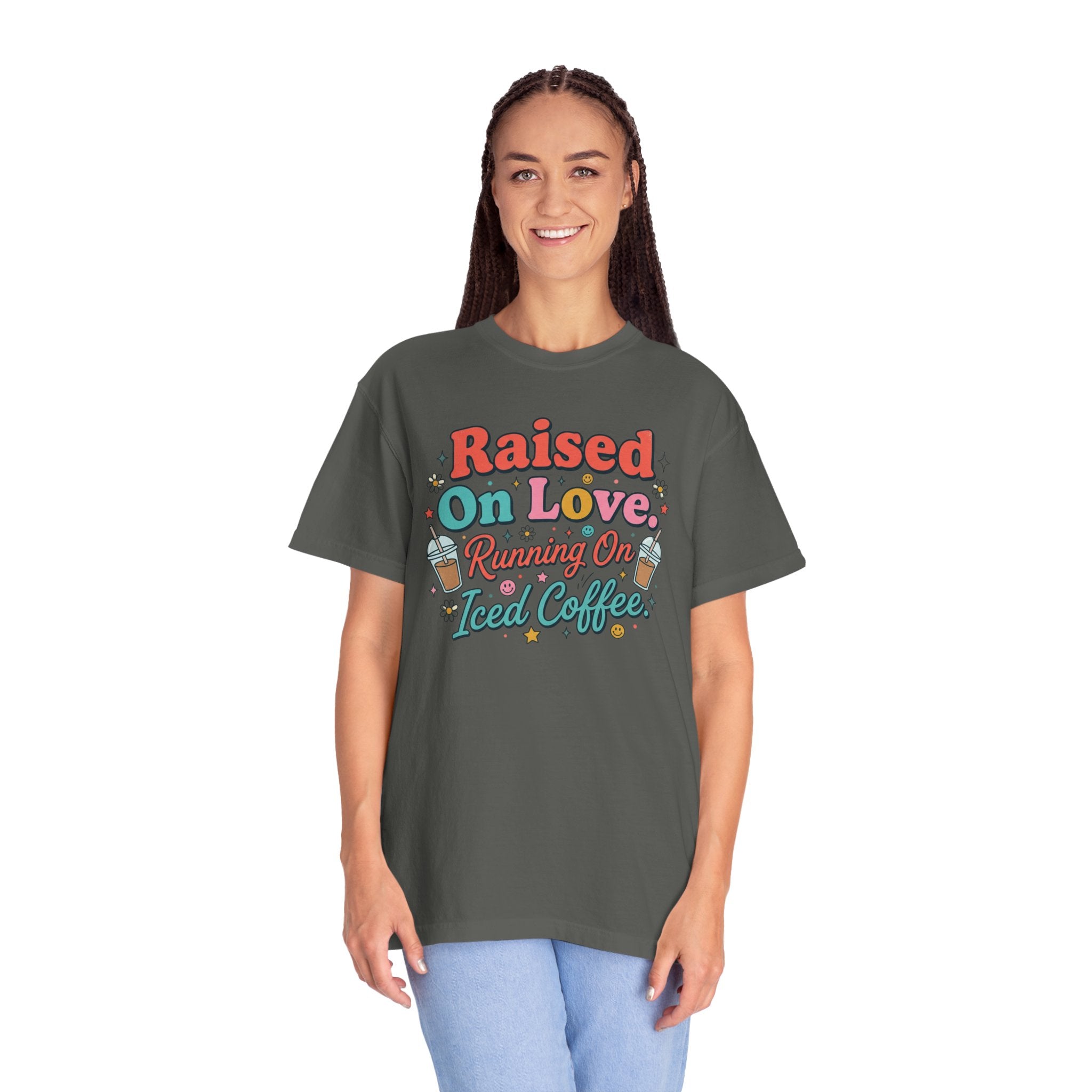 Raised On Love Running On Iced Coffee T-shirt | Retro Coffee Quote