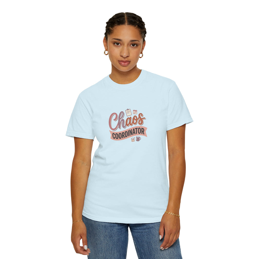 Chaos Coordinator T-shirt | Script lettering, coffee icons, playful design