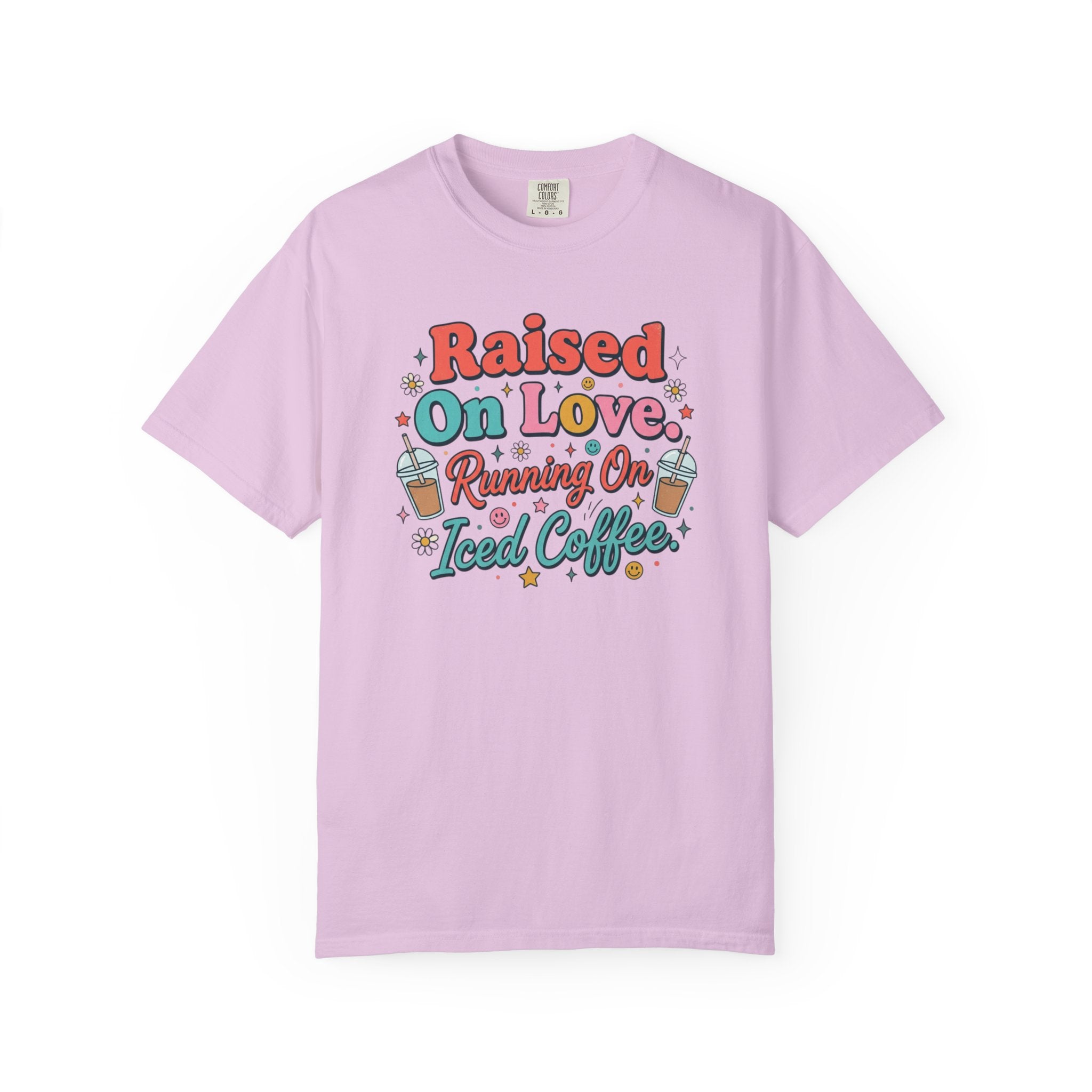 Raised On Love Running On Iced Coffee T-shirt | Retro Coffee Quote