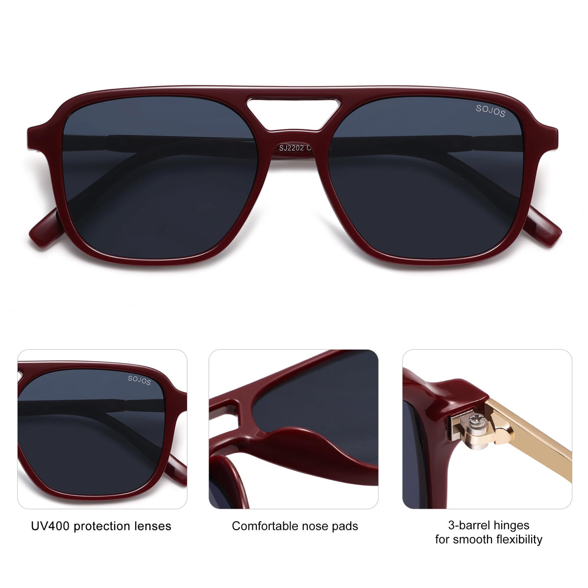 SOJOS Retro Aviator Sunglasses Womens Mens,Trendy Rectangle Shades SJ2202