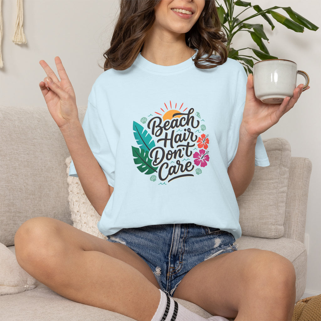 Beach Hair Dont Care TShirt | Tropical Sun, Hibiscus & Palm Leaves