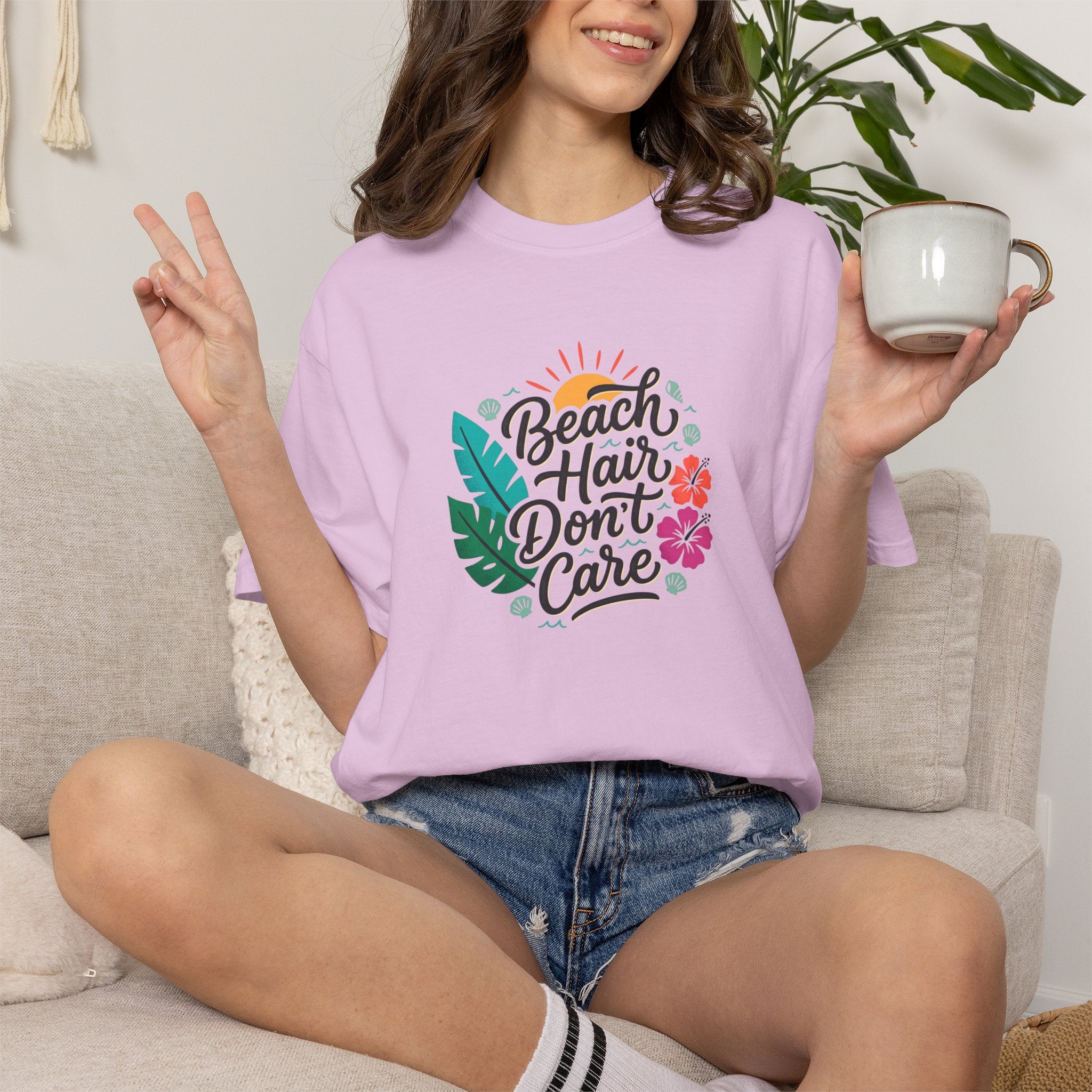 Beach Hair Dont Care TShirt | Tropical Sun, Hibiscus & Palm Leaves