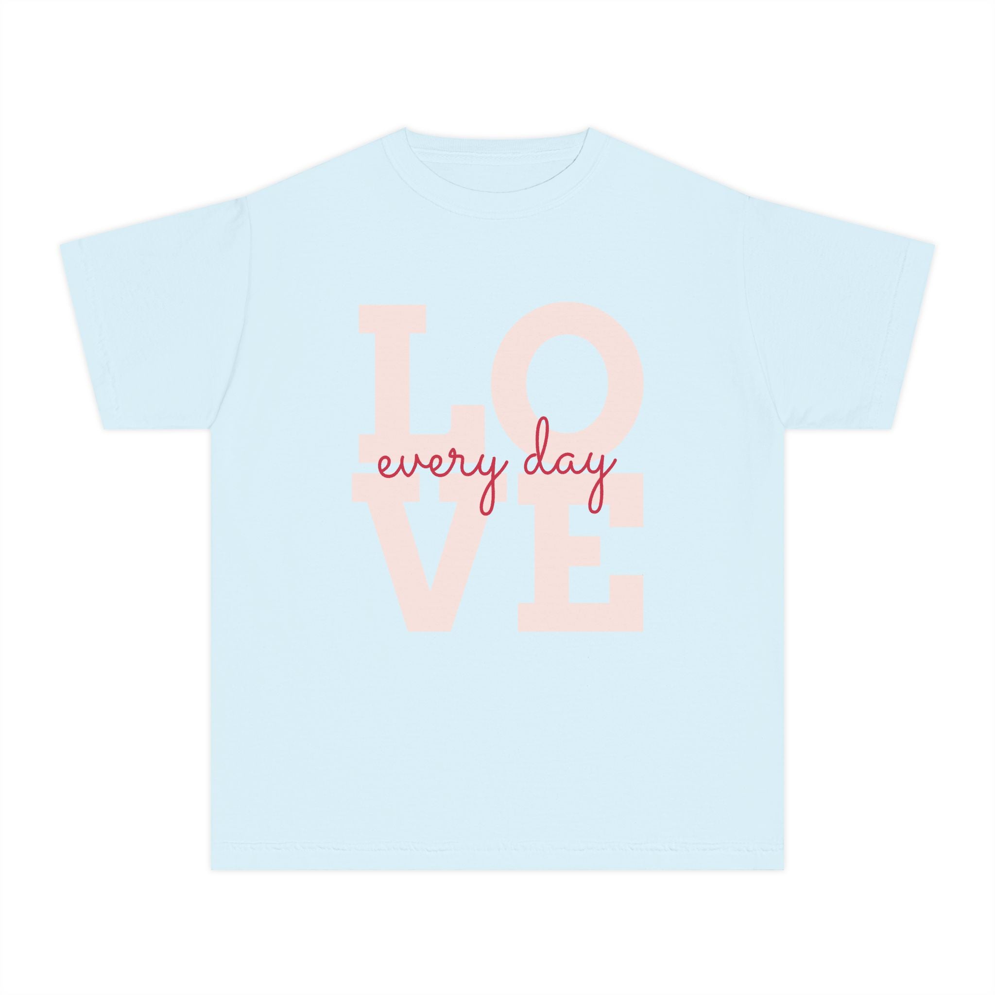 LOVE block letters with script overlay Youth Tee | pink text on charcoal