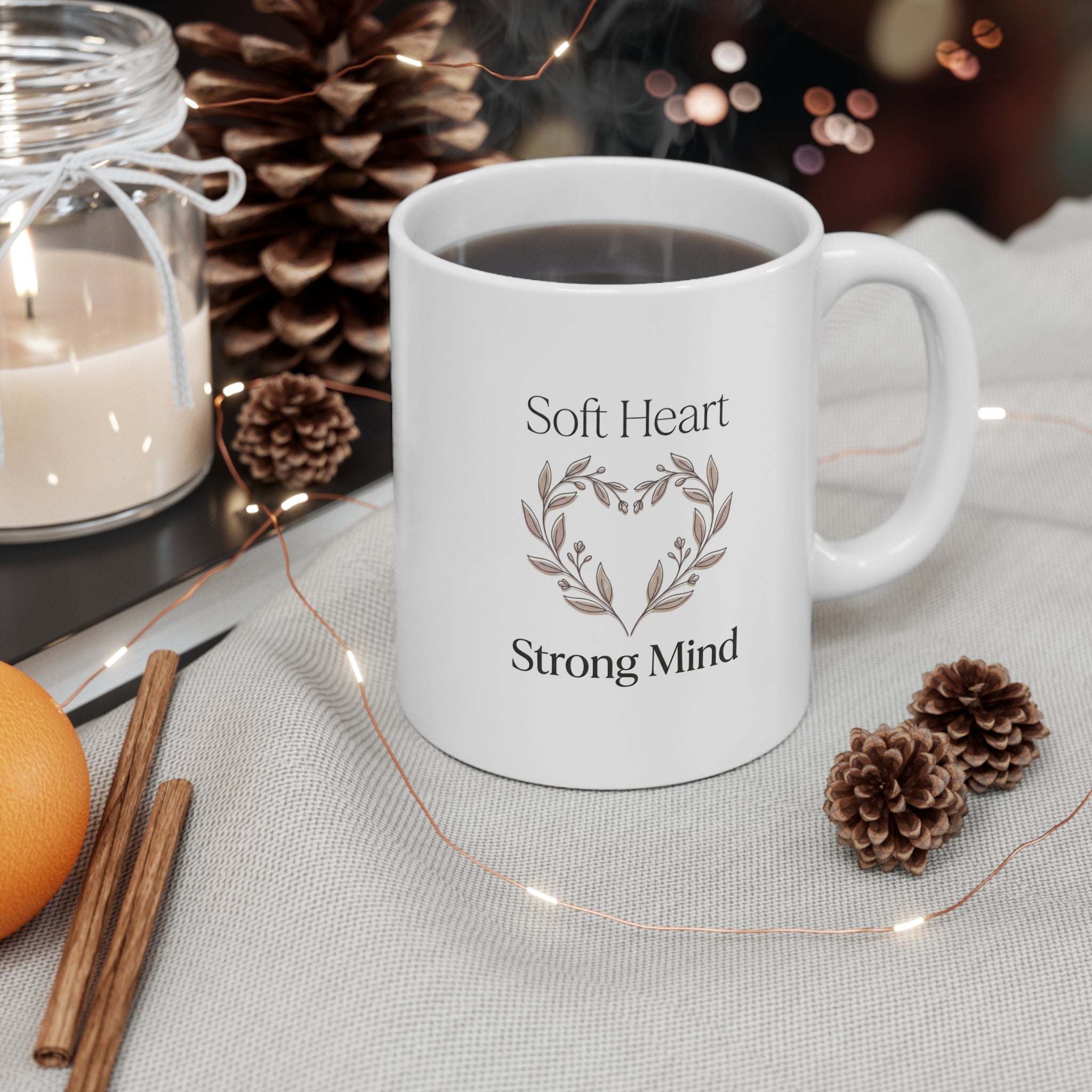 Soft Heart Strong Mind Mug | Floral Heart Illustration, Inspirational Quote