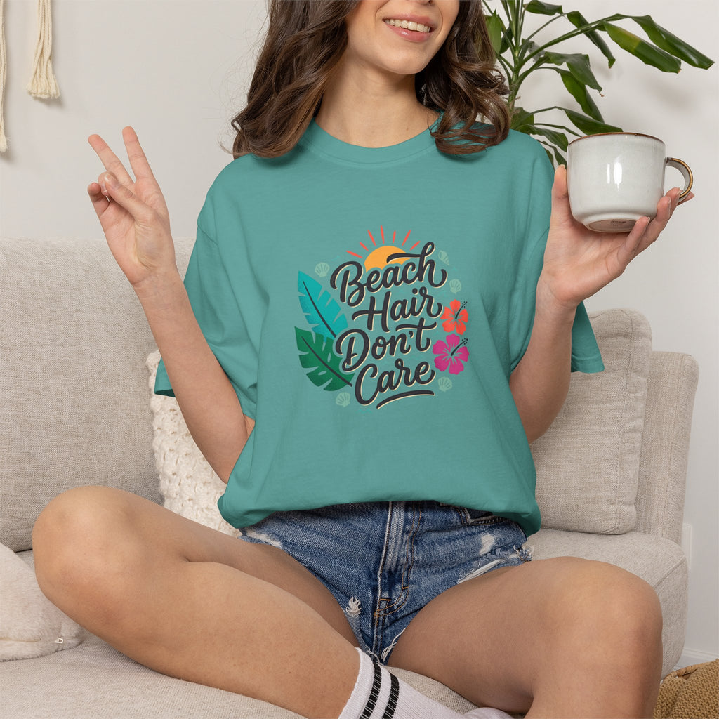 Beach Hair Dont Care TShirt | Tropical Sun, Hibiscus & Palm Leaves