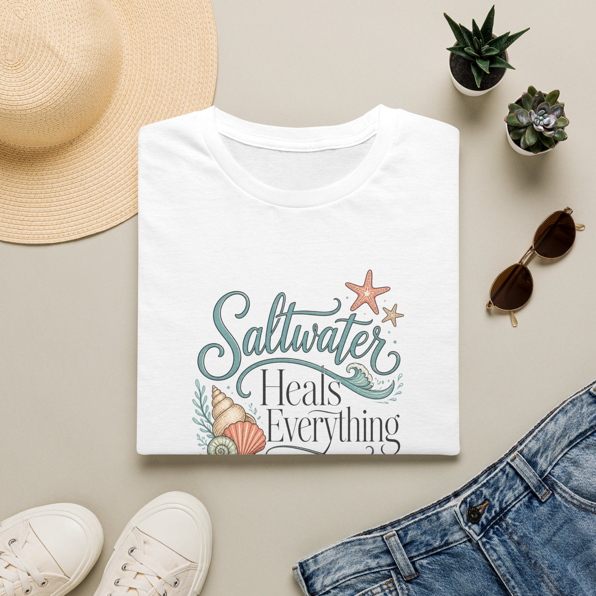 Saltwater Heals Everything T-Shirt | Beach Seashell Starfish Design