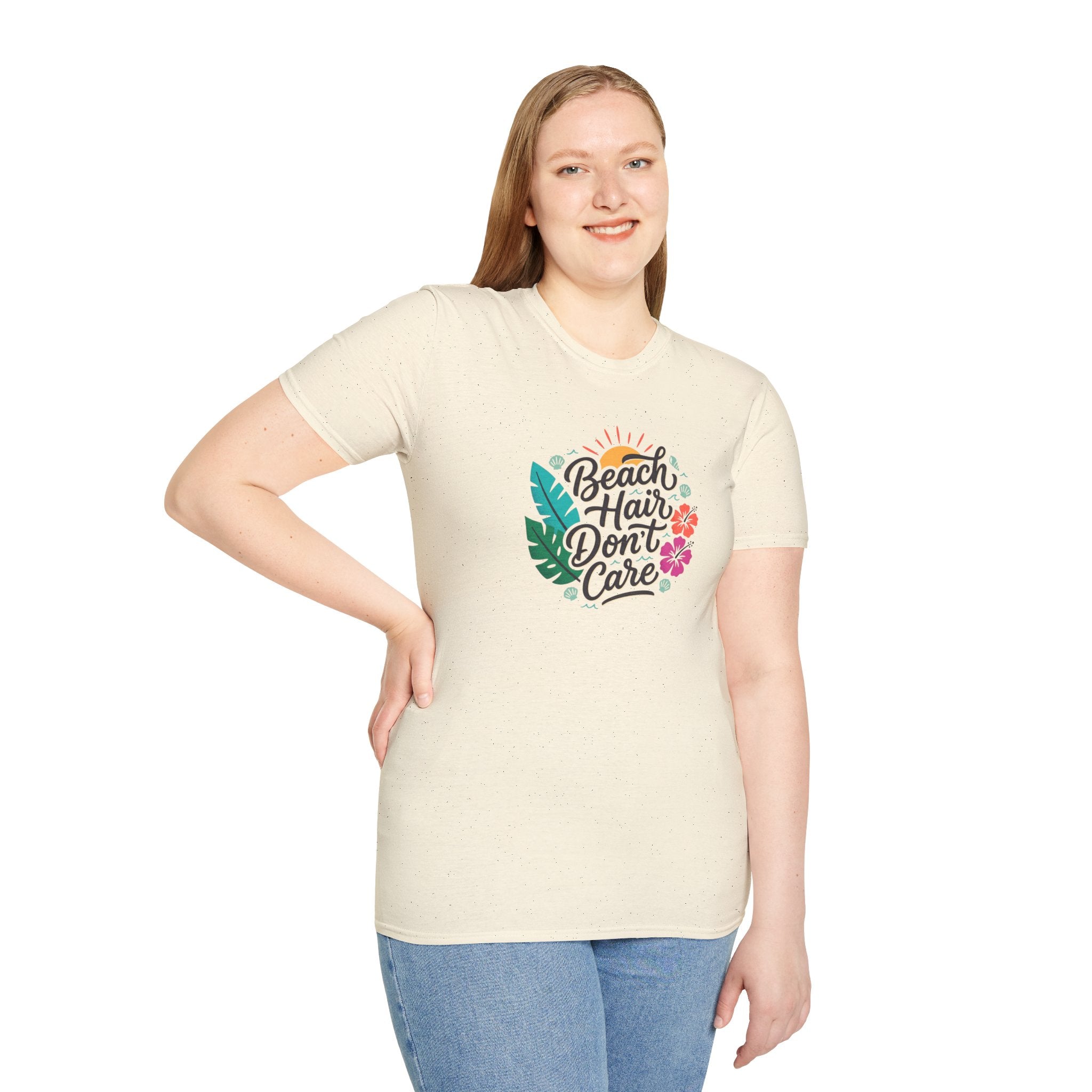 Beach Hair Don't Care T-Shirt | Tropical Hibiscus Sun Design