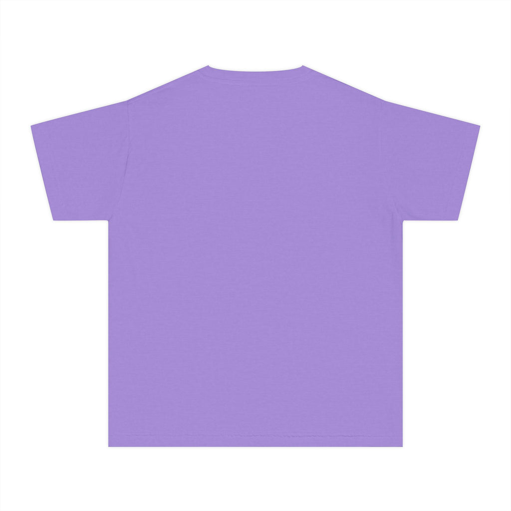 LOVE block letters with script overlay Youth Tee | pink text on charcoal