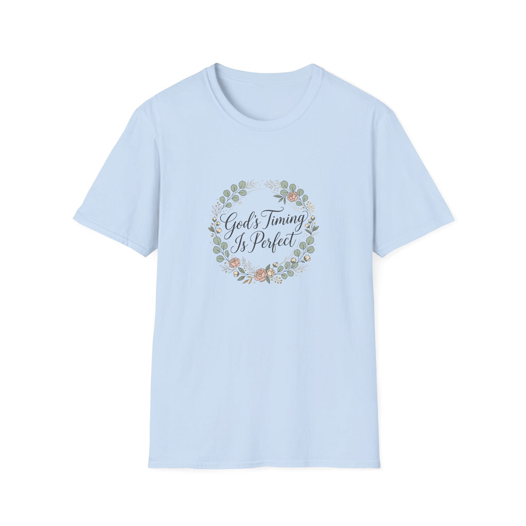 God's Timing Is Perfect T-Shirt | Floral Wreath Christian Faith Tee