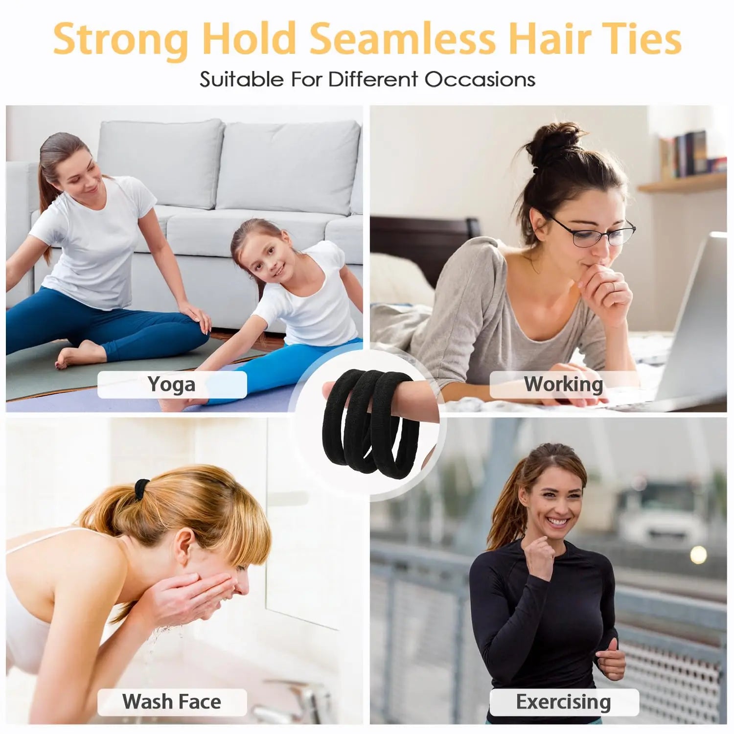 10/100pcs Black Hair Ties, No Damage Seamless Hair Ties Ponytail Holders Elastics