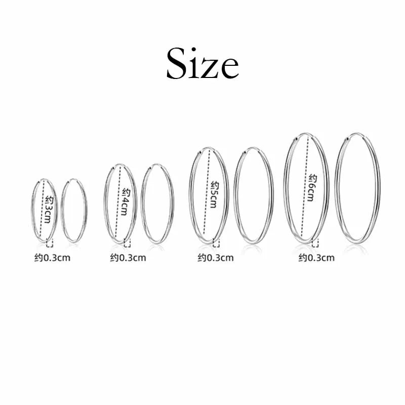 925 Sterling Silver 3MM Thick 3/4/5/6CM Hoops Earrings For Women