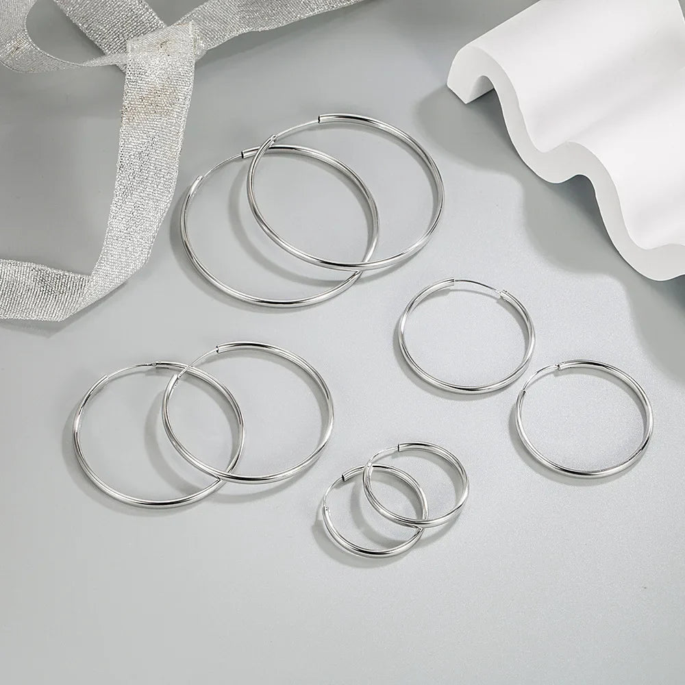 925 Sterling Silver 3MM Thick 3/4/5/6CM Hoops Earrings For Women