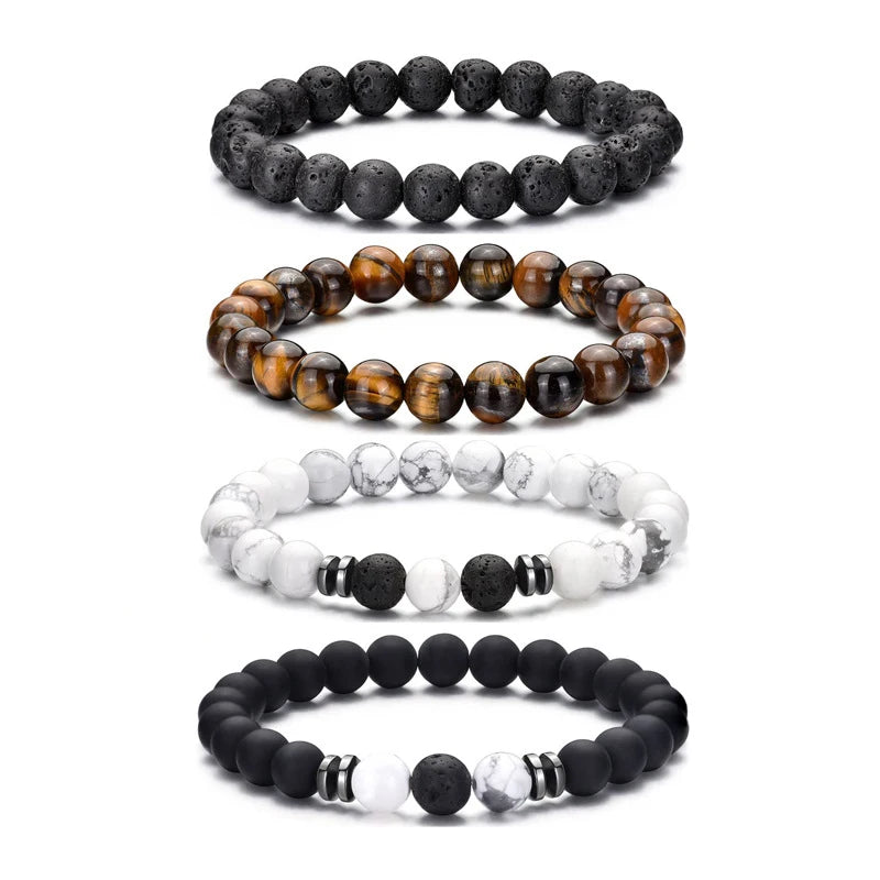 4PCS Set 8mm Men's Tiger Eye Volcanic and White Turquoise