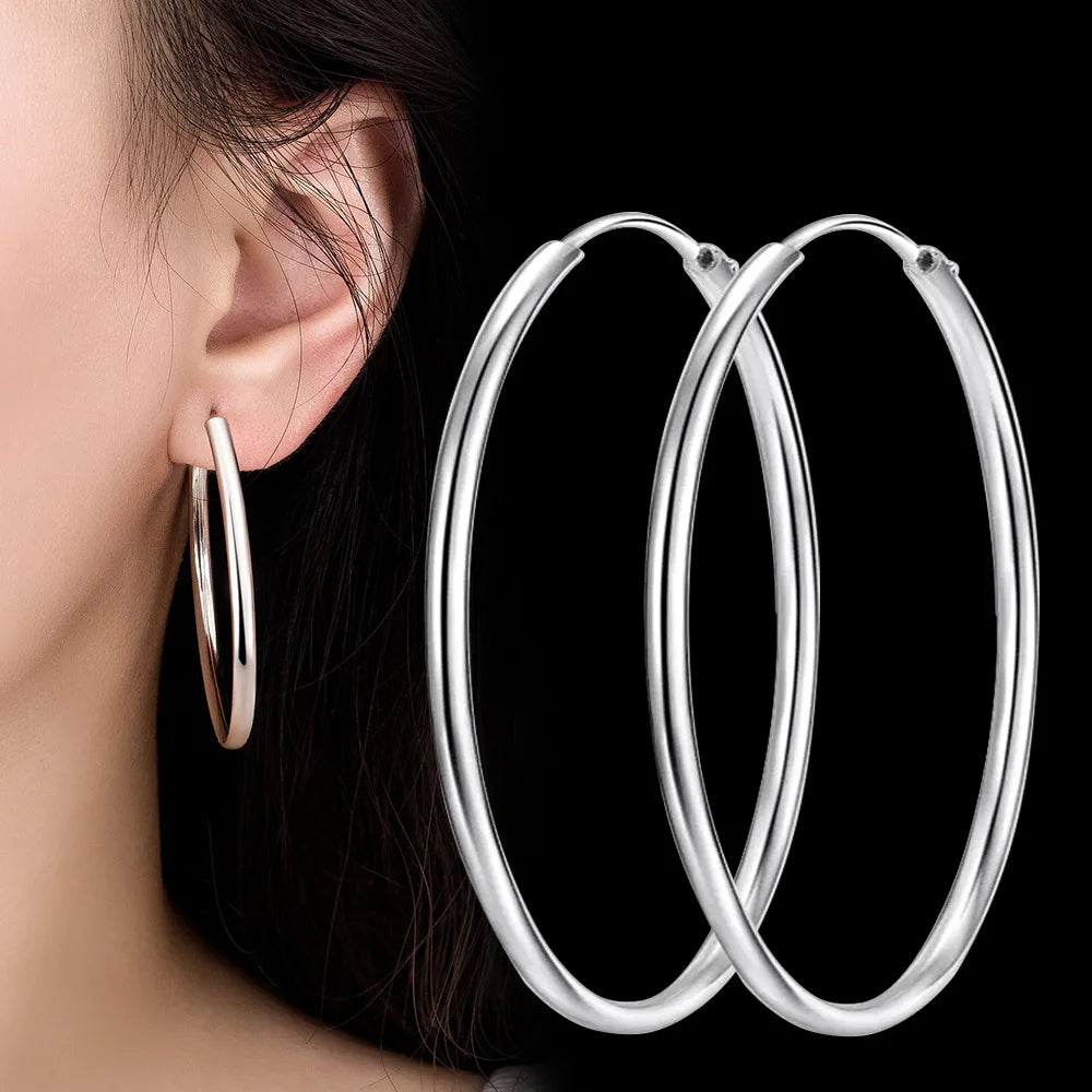 925 Sterling Silver 3MM Thick 3/4/5/6CM Hoops Earrings For Women