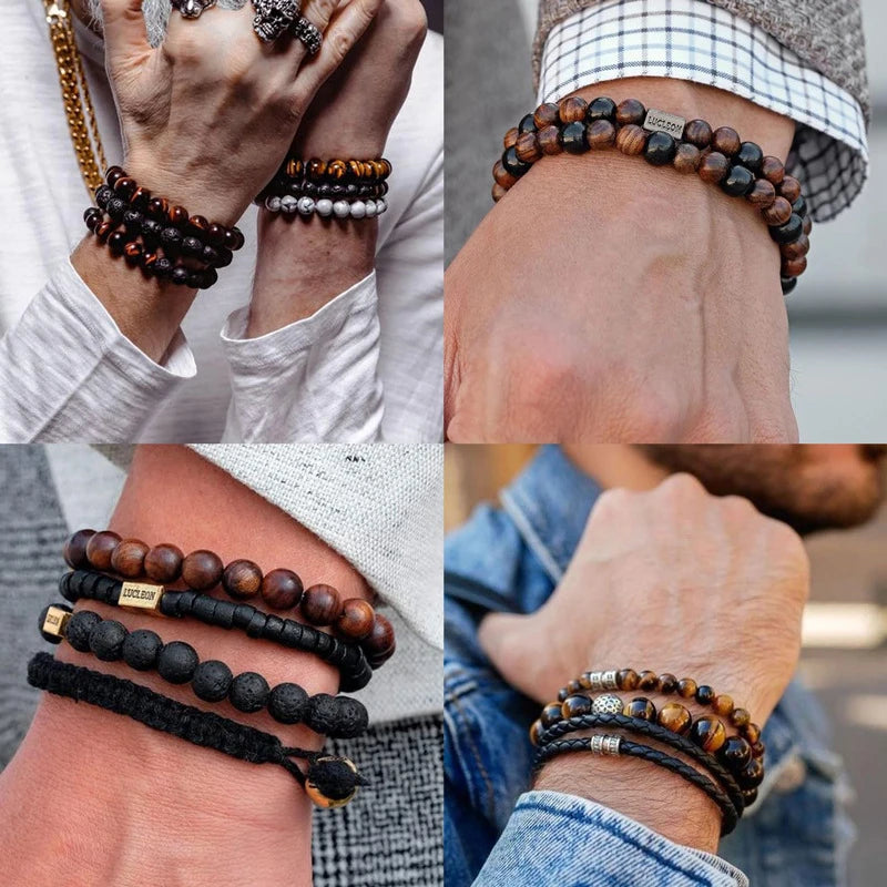 4PCS Set 8mm Men's Tiger Eye Volcanic and White Turquoise